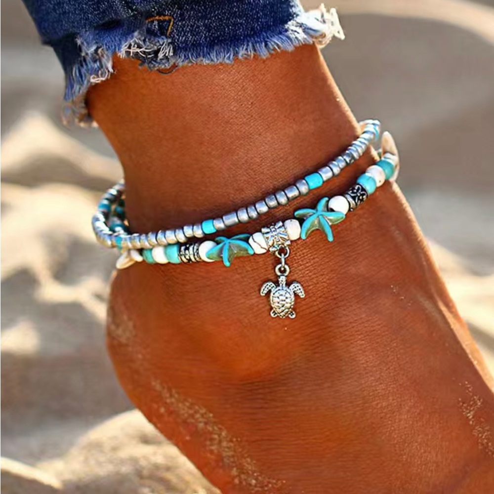 ⭐️Gorgeous Starfish & Turtle Anklet Chain with Colorful Rice Beads adjustable